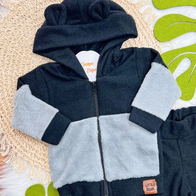 Conj. Jaqueta com Capuz Little Bear e Calça Boucle - Preto e Cinza